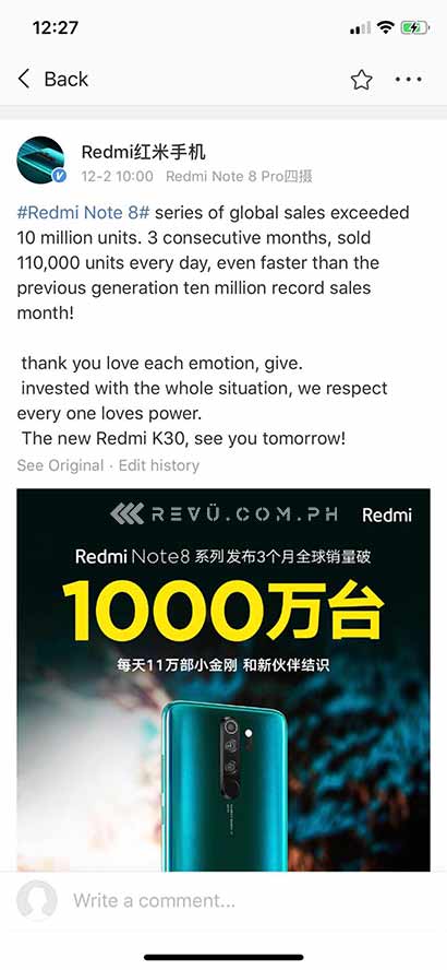 Redmi Note 8, Redmi Note 8 Pro, and Redmi Note 8T or Redmi Note 8 series 3-month record sales via Revu Philippines