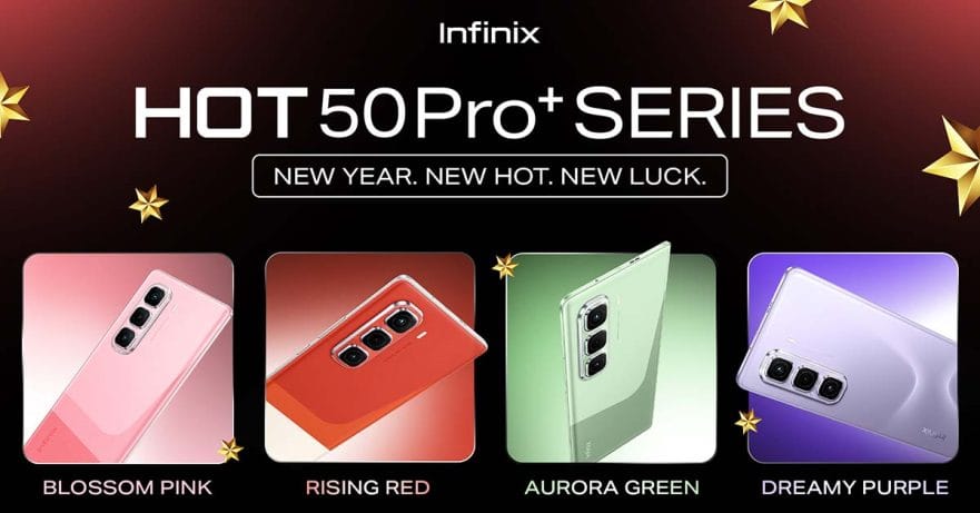 Infinix HOT 50 Pro Plus in Rising Red, Dreamy Purple, Blossom Pink, and Aurora Green colors and price and specs via Revu Philippines