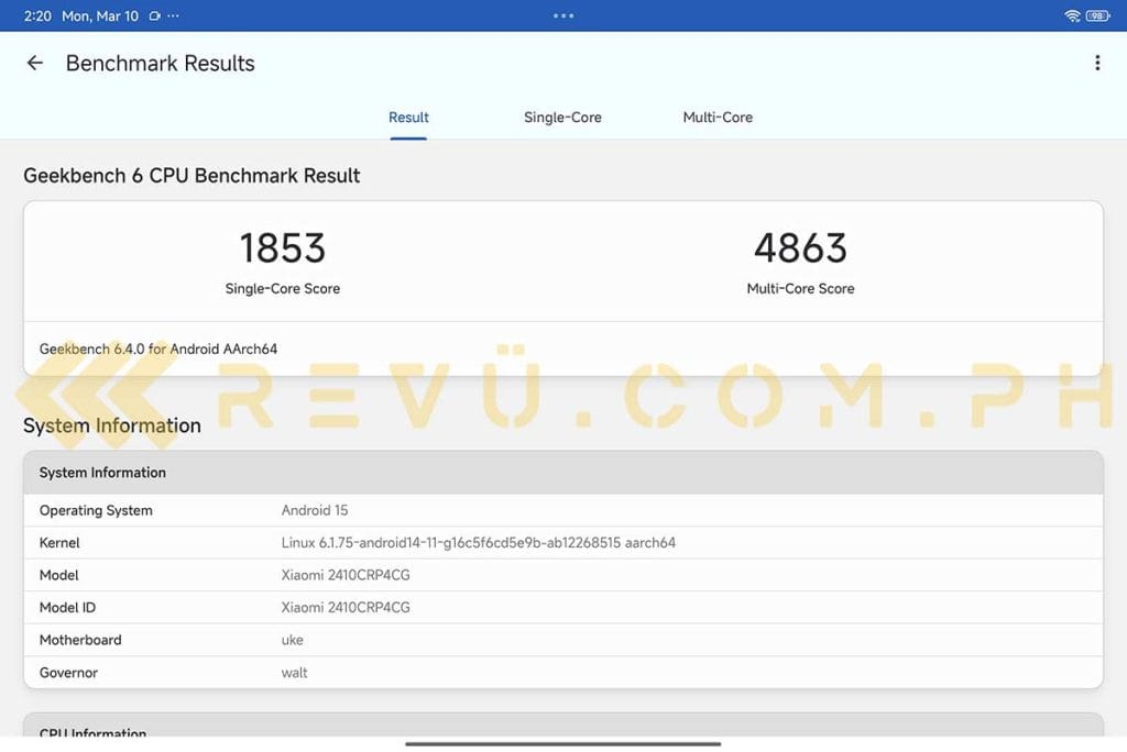 Xiaomi Pad 7 Geekbench benchmark score via Revu Philippines